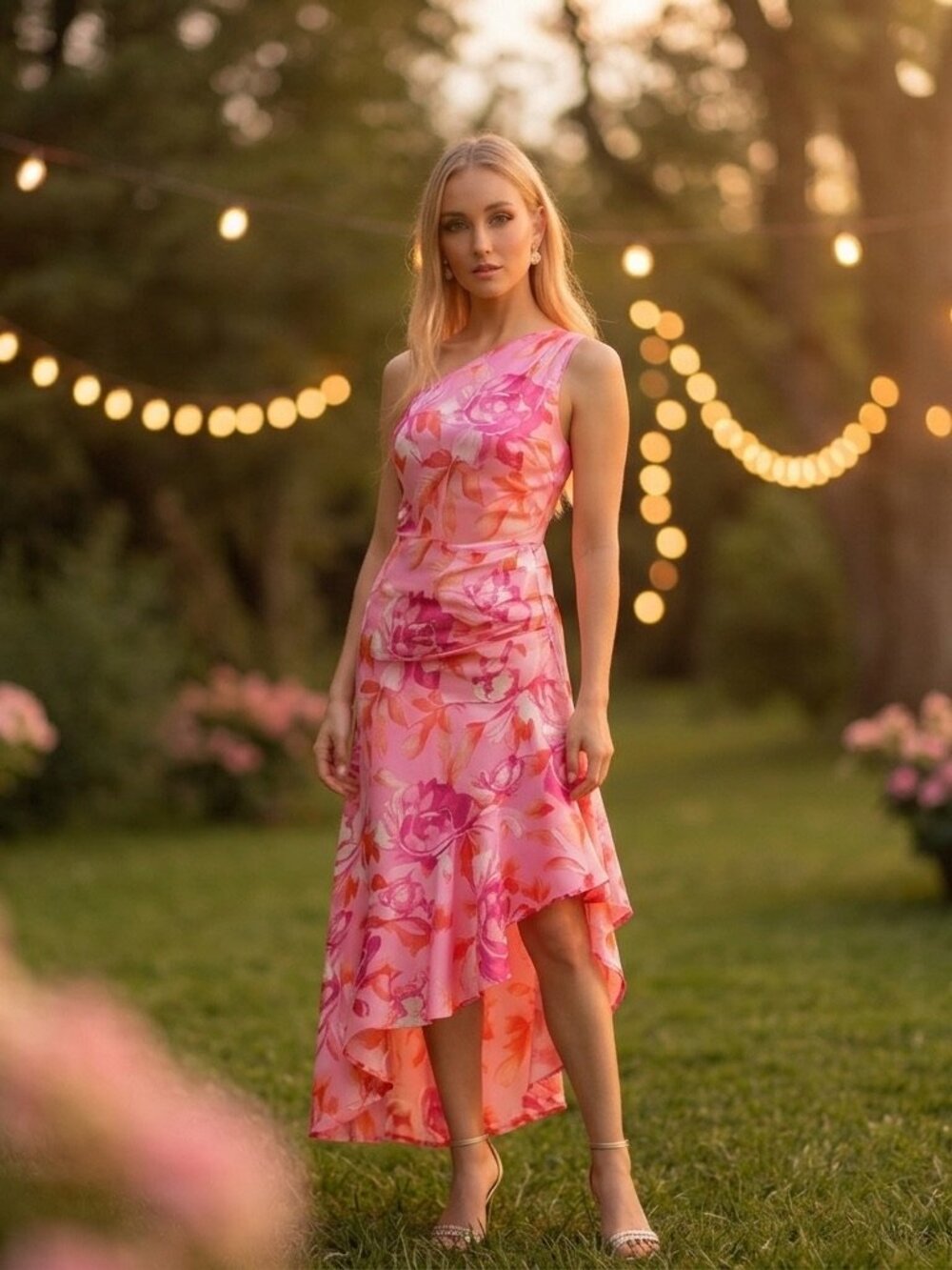 Lulus Divinely Blooming Pink Multi Floral One-Shoulder Midi Dress - NWT Size L
